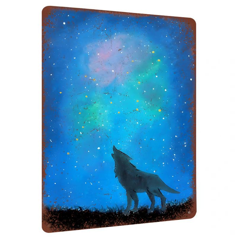 

Howling Wolf Under Starry Sky Custom Iron Wall Art Creative Home Decor Living Room Bedroom Hanging Decoration 20x30cm（7.8x11.8inch）