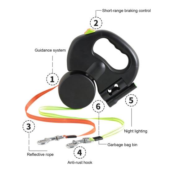 Dual Retractable Dog Leash Double Headed Extendable Pet Leash with Light And Poop Bag Dispenser for 2 Small Medium Dogs