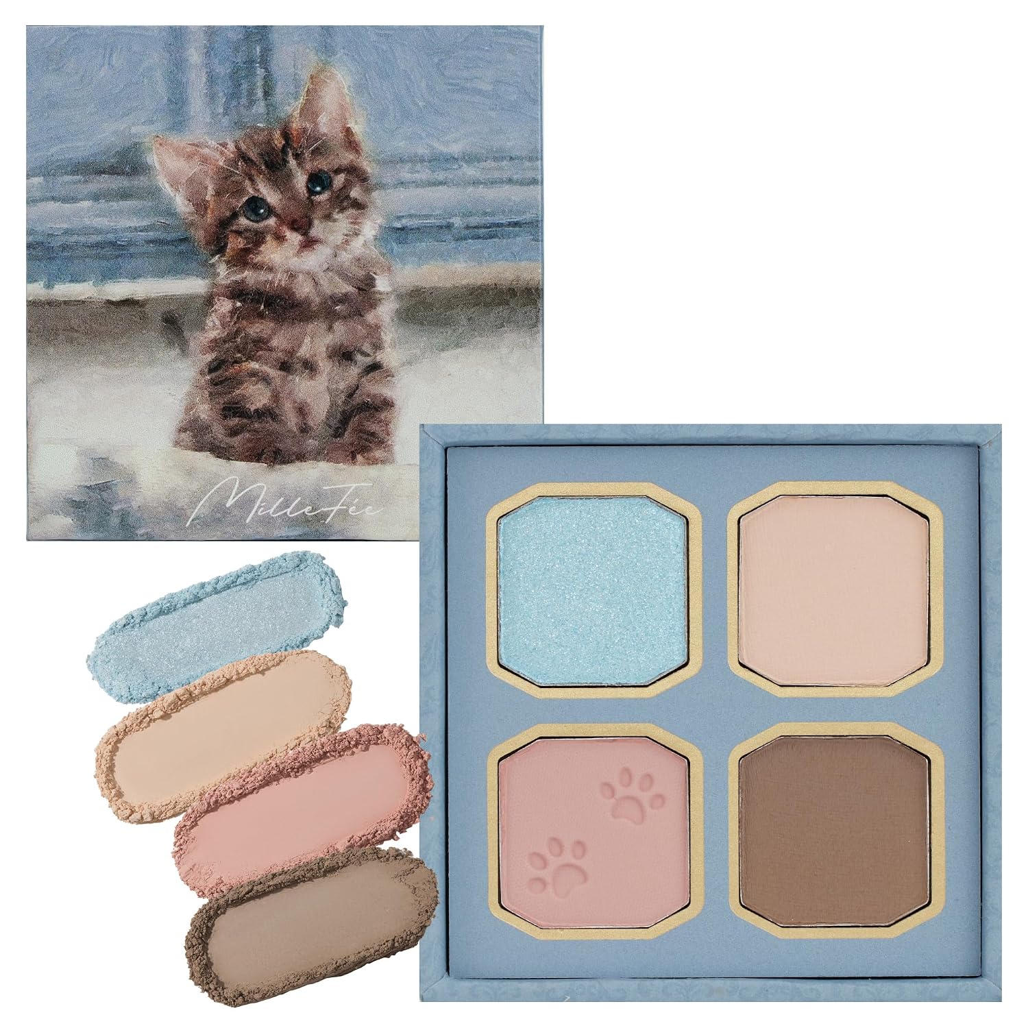 Палетка теней Milfee My Kitty (07 Американская короткошерстная) Кошка 4 Цвета Тени для век Блестящие Матовые Синие Розовые Бежевые Коричневые Макияж MilleFee