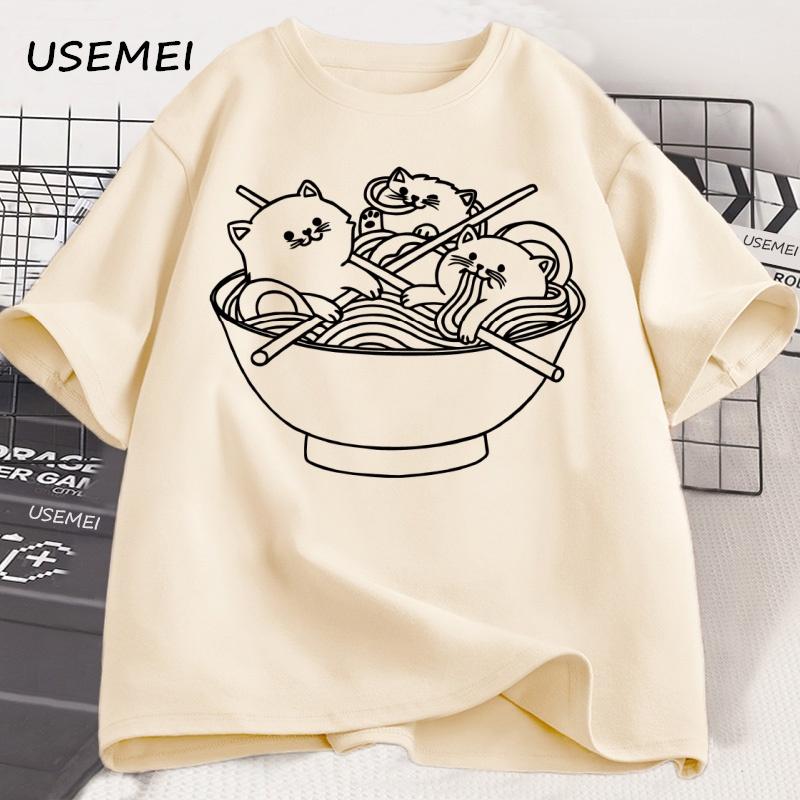 Japanese Style Cat Ramen T-Shirt Cotton Short Sleeve Kawaii Anime Tshirt Ramen Kitten Graphic Tees Cute Food Tee Shirt Clothes