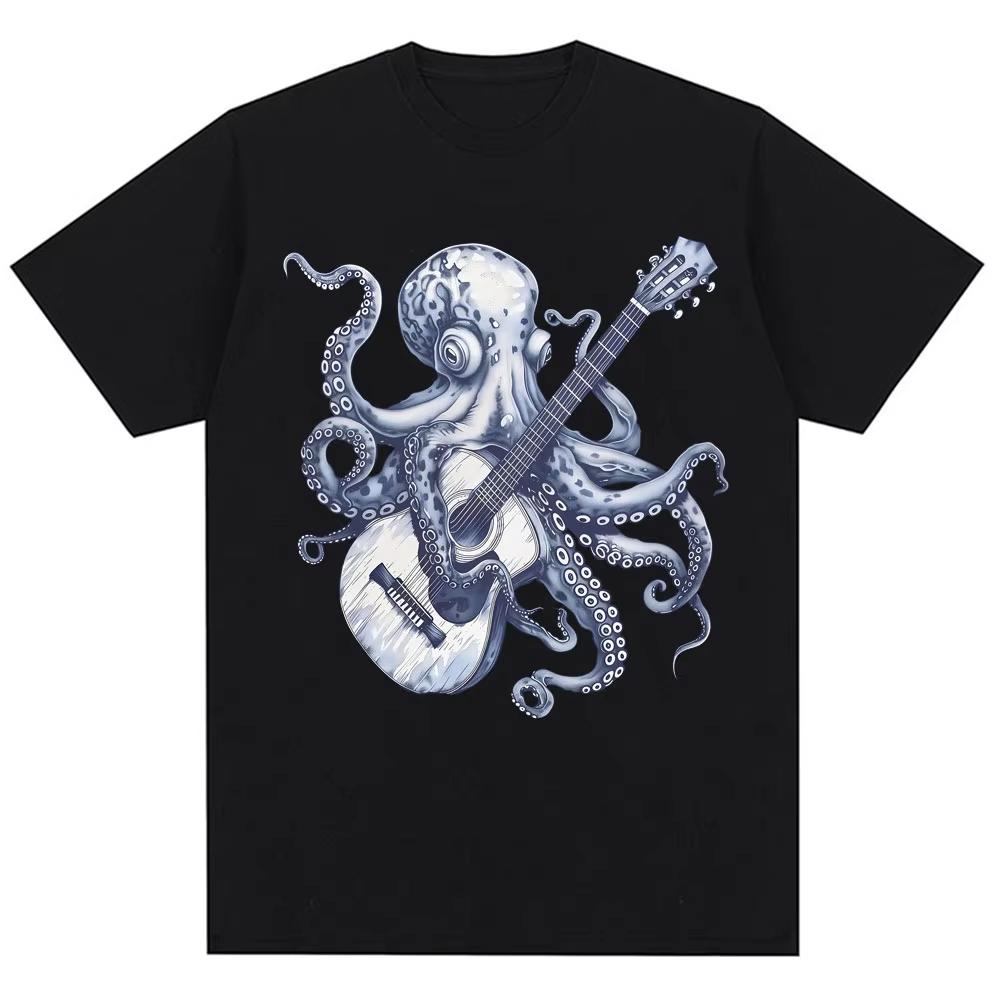 Octopus Playing Guitar Vintage Style T Shirt Men Women Fashion Funny Harajuku T-shirt Oversized Cotton Casual High Quality Tees S