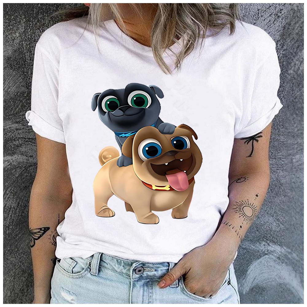 Cotton  Cute Cartoon Two Pug Dogs Graphic T Shirt Women Casual Summer Puppy Print Short Sleeve Tee Gift For Dog Animal Lover