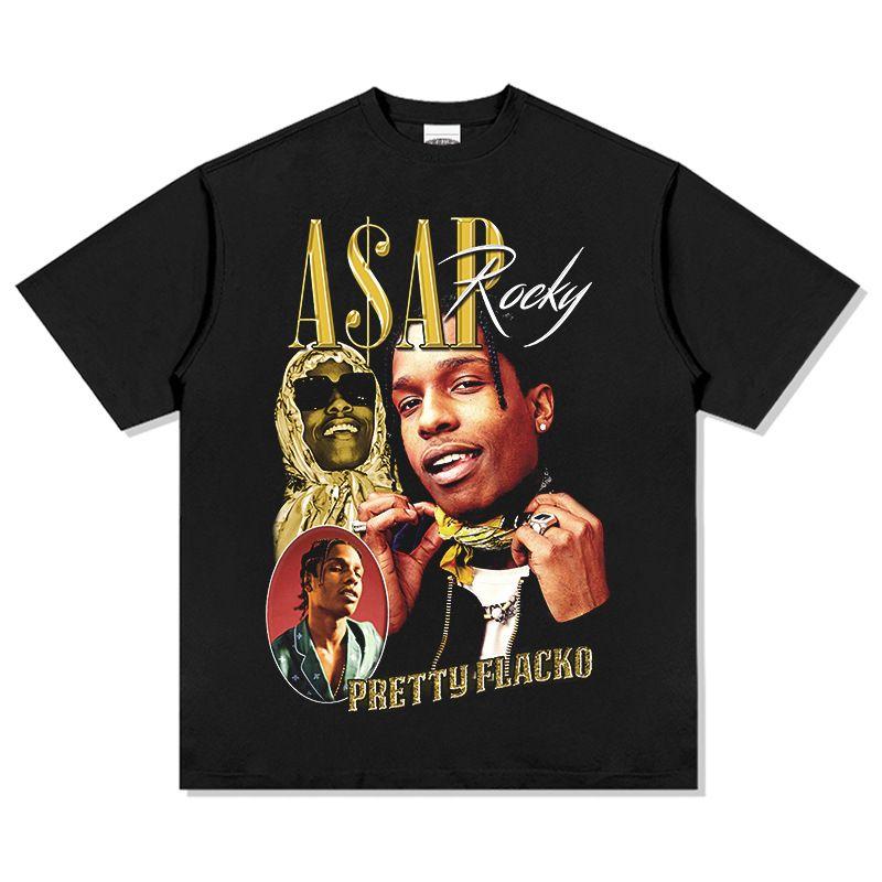 ASAP A $AP ROCKY High Street Hip Hop Rap T-Shirt Men's Heavyweight Loose Small Neckline Short Sleeves Comfortable Unisex Tshirt