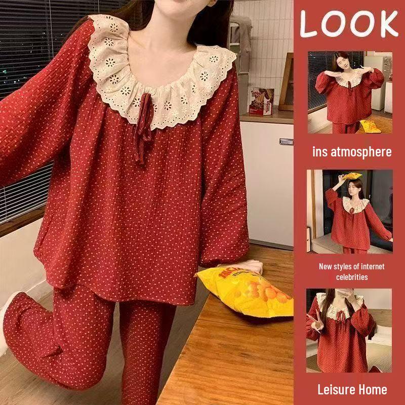 Damen Blumen-Spitzen-Pyjama-Set - Langarm, Süßer Koreanischer Stil, Vielseitig für drinnen und draußen