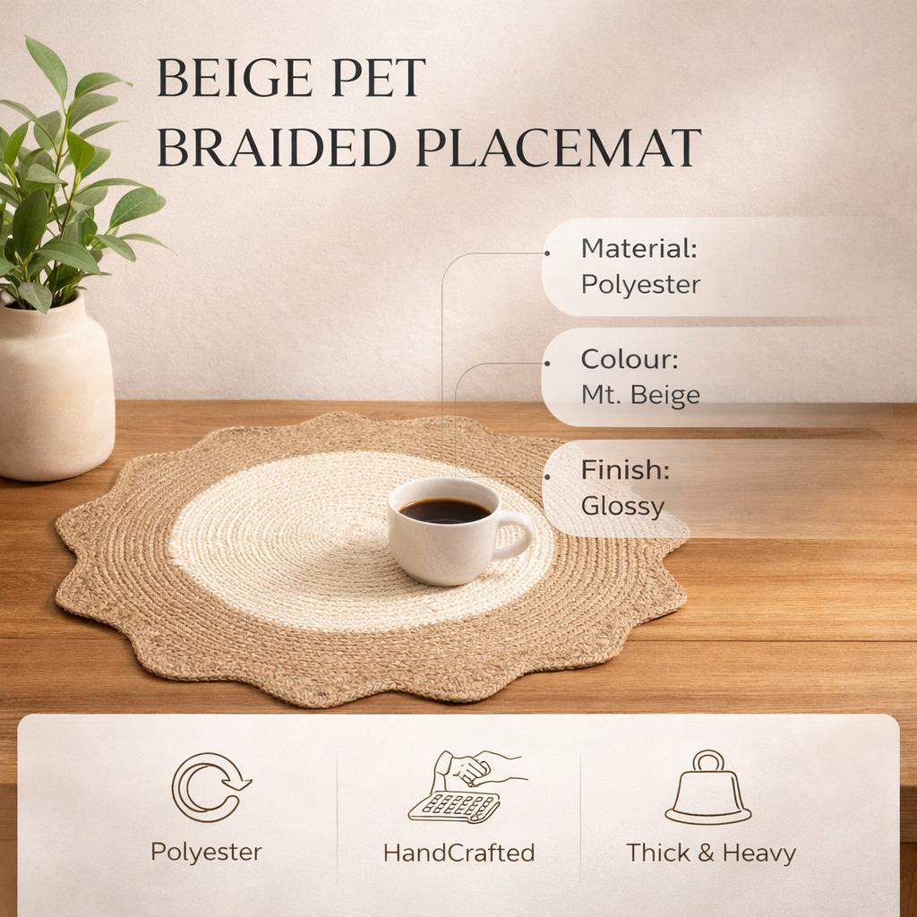 Beige Polyester Braided Placemat -Durable Round Table Mat for Dining