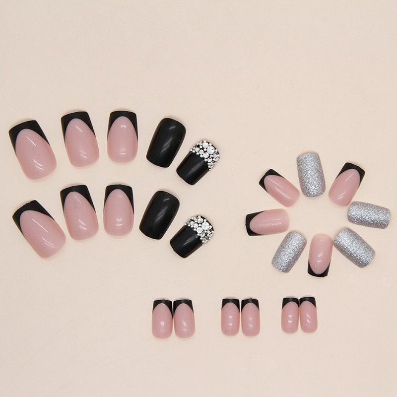 Medium and Long European Square Sweet Cool Black French Solid Color Manicure Flash Silver Powder Spice Girl Diamond Wearing Nail Piece