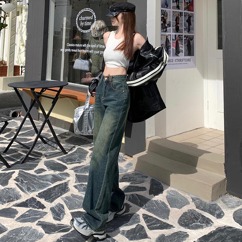 American Style High-Waist Wide-Leg Jeans for Women - Spring & Autumn 2023, Retro Straight Floor-Length Trousers