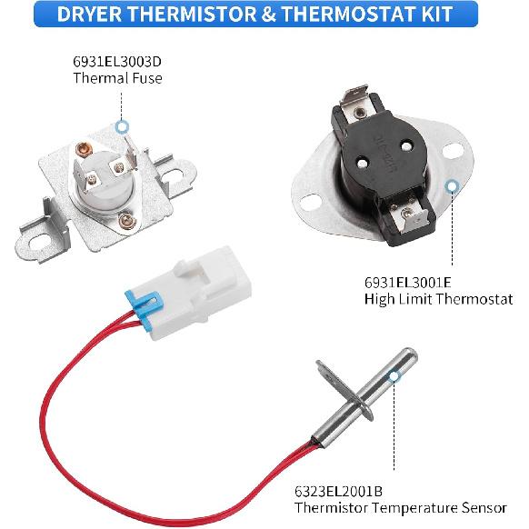 6931EL3003D Limit Thermostat, 6323EL2001B Dryer Thermistor, 6931EL3001E Thermostat, 6931EL3003D Dryer Thermal Fuse Kit Compatible with LG Kenmore