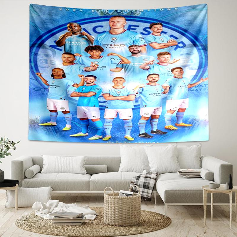 Manchester City Print Tapestry, Backdrop, Easy Setup, Ideal for Bedroom, Office & Living Room, with Aesthetic Wall Hanging Decor.