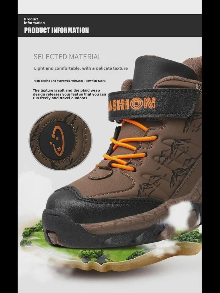 Зимние нескользящие хлопковые сапоги для мальчиков - теплые, с бархатной подкладкой, с толстой кожаной поверхностью