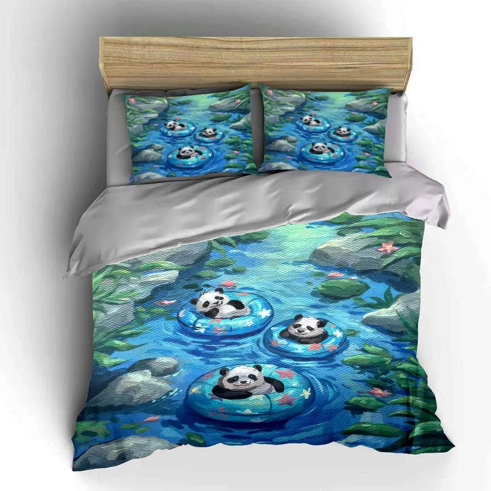 Cute Panda Floating Decor Set Soft Comfortable Duvet Cover Bedding Set Included 1*Duvet Cover & 2*Pillowcases gift