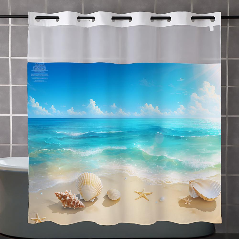 

Занавеска для душа с рисунком «Океанский пляж без крючков», со вставной тканевой подкладкой, прозрачным верхним окном, водонепроницаемая двухслойная занавеска для ванны 180X188cm синий