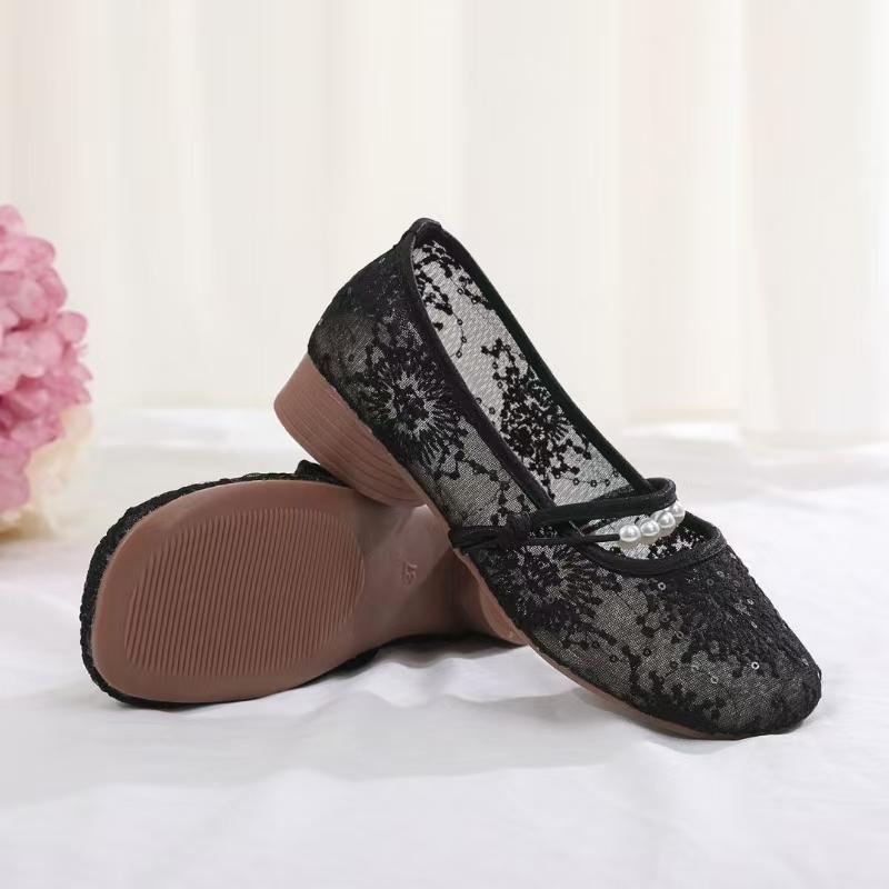 Woman's Summer New Mesh Embroidered Shoes Low Heel Round Toe Shallow Slip On Mary Jane Shoes Soft Sole Non Slip Dress Sandals