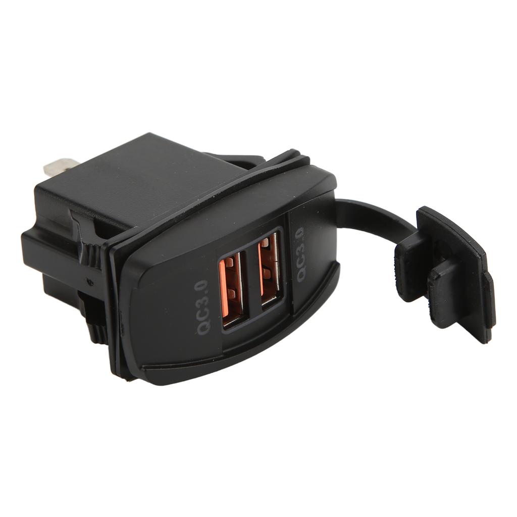 Black Universal Rocker Switch Style Dual USB Car Charger QC3.0 Fast Charge Socket with LED Backlight