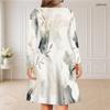 Women Plus Size V Neck Long Sleeve Printed Dress White Black Gray Beige Curved Hem