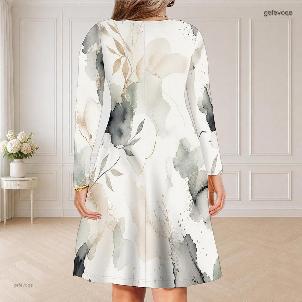 Women Plus Size V Neck Long Sleeve Printed Dress White Black Gray Beige Curved Hem