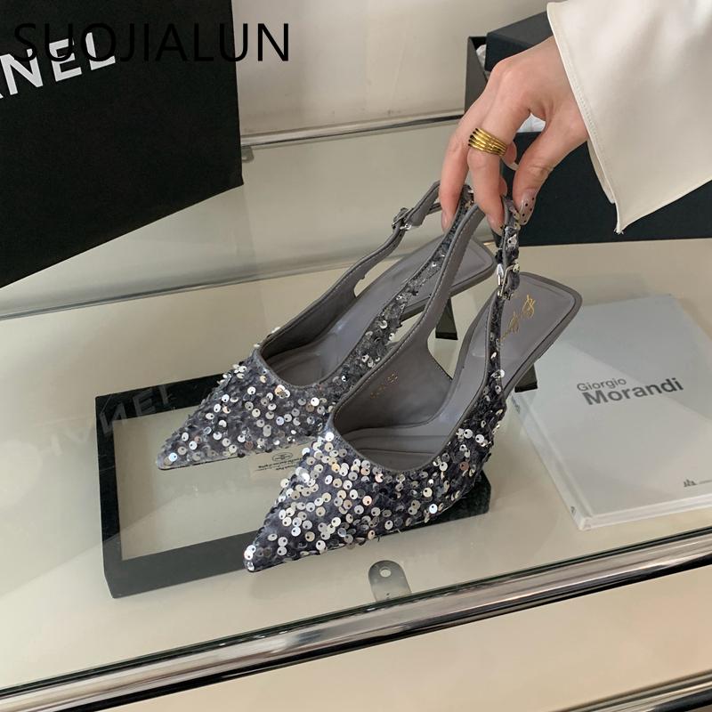 Fashion SUOJIALUN 2024 Summer New Brand Women Sandal Fashion Beads Ladies Slip On Slingback Sandals Thin High Ladies Elegant Pumps Shoes