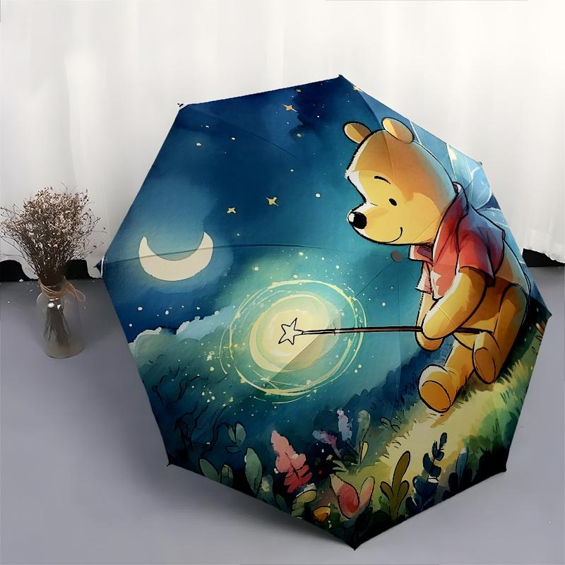 Winnie the Pooh, Fairy Automatic Opening and Closing Umbrella - 8 Ribs Portable Folding Umbrella with Plastic Handle, Suitable for Leisure a