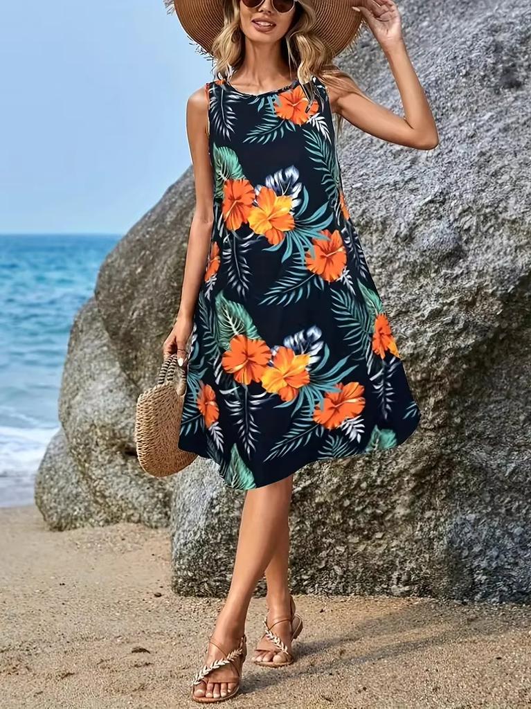 Abstract Floral Print Women's Casual Sleeveless Tank Dress Summer Vacation Casual Attire Fashion Street Wear Y2k Woman Clothing