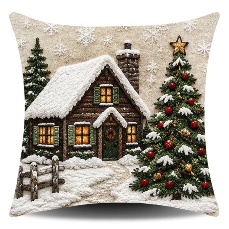 3D Christmas Snow Scene Pillow Cover With Wooden Cabin Red Truck Snowman Wreath Short Plush Square Decorative Cushion Case