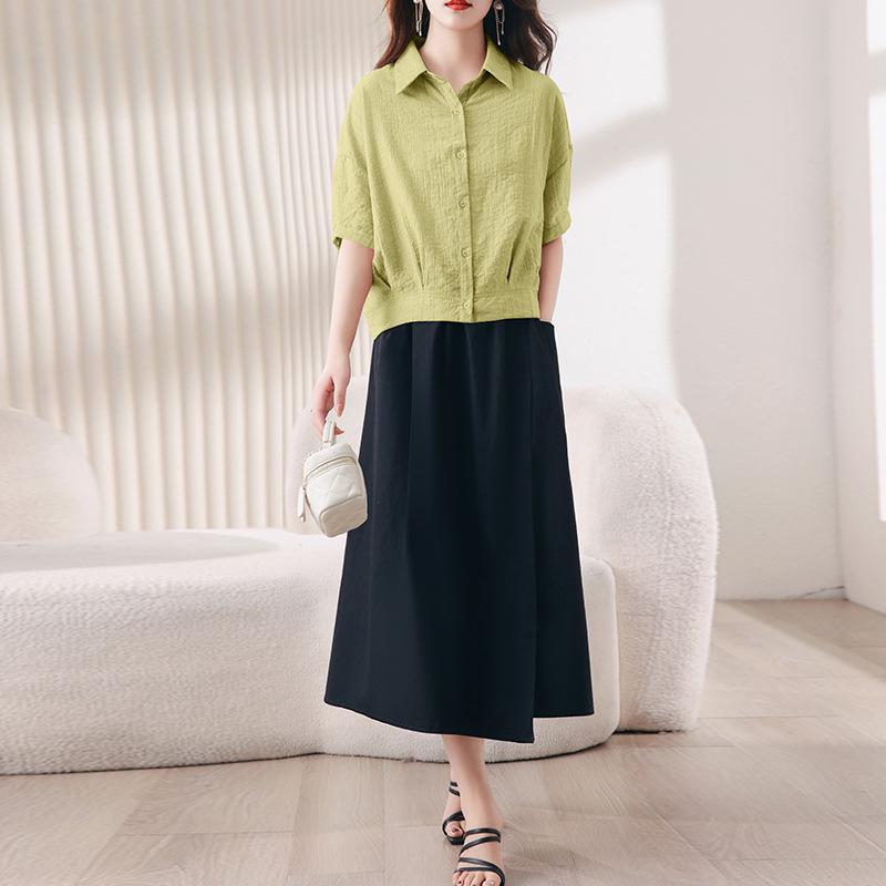 

Mom s Summer 2025 Chic Slimming Two-Piece: Loose Casual Suit Skirt & Shirt Dress Set L чорний/хакі