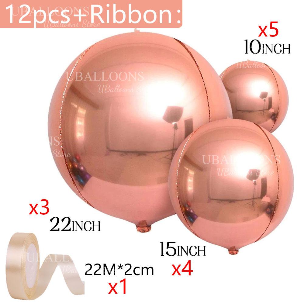 12pcs Silver 4D Balloons with Ribbon 22/15/10Inch Metal Silver Round Foil Hanging Balloon for Happy Birthday Wedding Party Decor