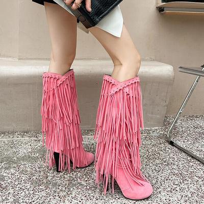 Botas de Mujer de Tacón Alto con Flecos en V Punta Redonda Tacón Cuadrado de 10 cm Botas de Caña Alta Moda Sexy Flock Zapatos de Mujer Talla 34-39