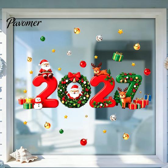 Decorative Scene Layout 2027 Christmas New Year Window Clings, Santa Reindeer Gift Ball Static for Family Decals, PVC Removable Glass Stickers