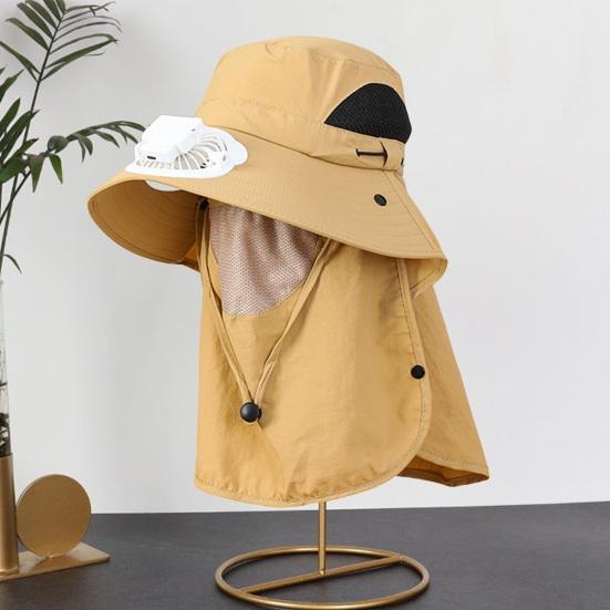 Men Solar Fan Hat with Face And Neck Cover USB Rechargeable Fan Large Brim Hollow Mesh Windproof Strap Anti-UV Sunlight Protection Outdoor Fishing