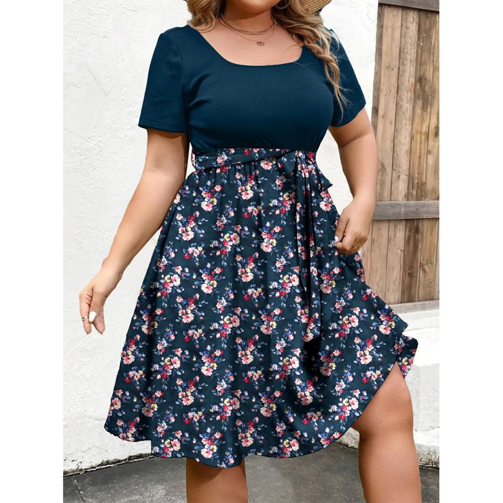 Damska Modna i Trendy Sukienka z Krótkim Rękawem i Okrągłym Dekoltem z Nadrukiem w Talii w Dużym Rozmiarze