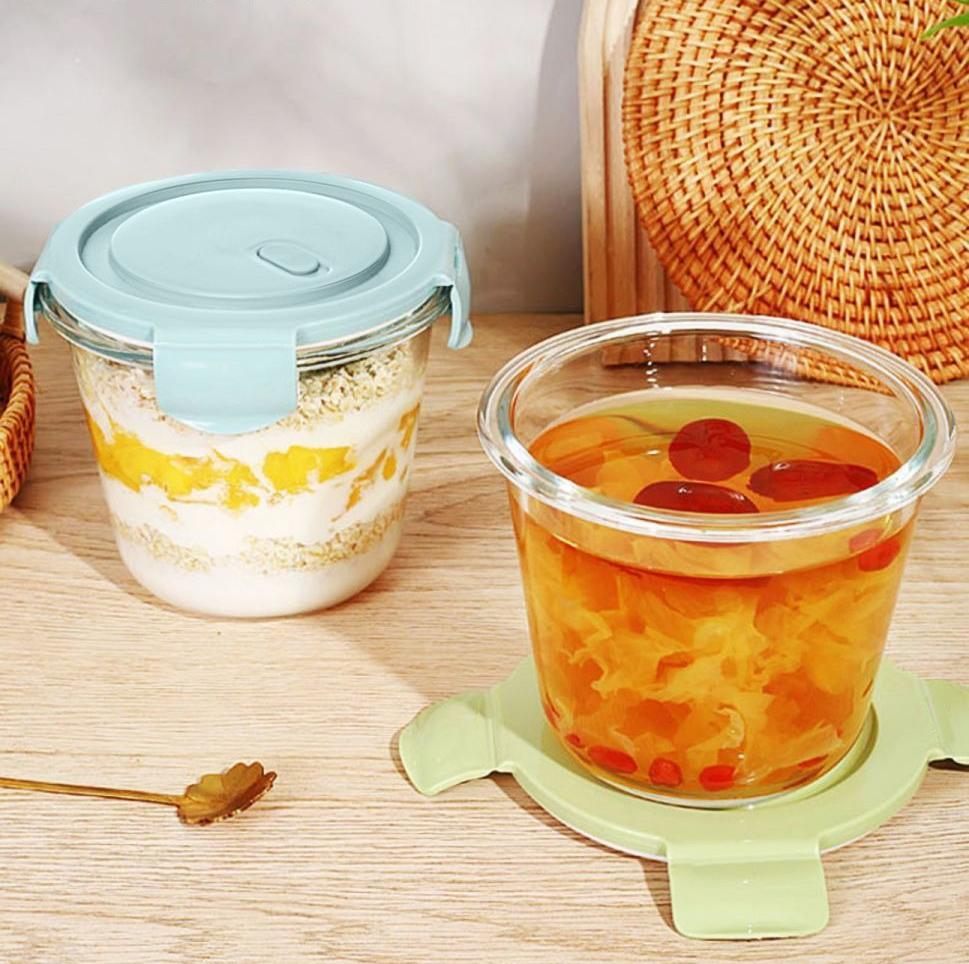 Overnight Oatmeal Mug Glass Breakfast Mug Portable With Lid Microwaveable Fruit Salad Bowl Soup Yogurt Cups