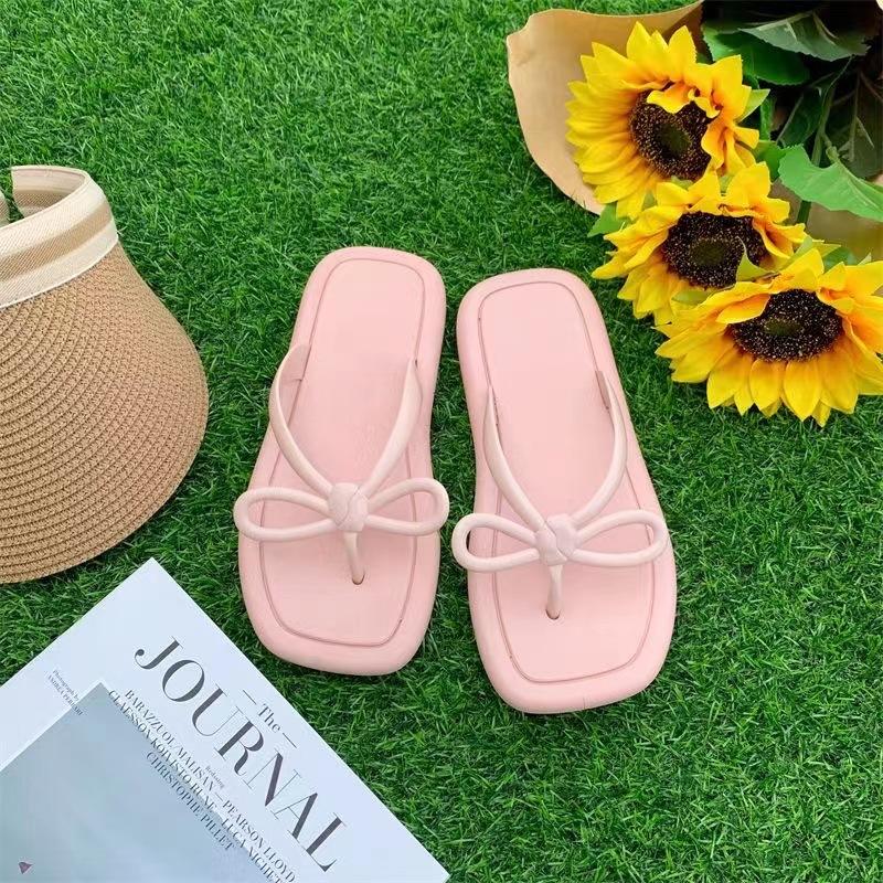 Flip-flops girl wearing slippers in fairy style bow flip-flops soft bottom solid color beach light pinch slippers