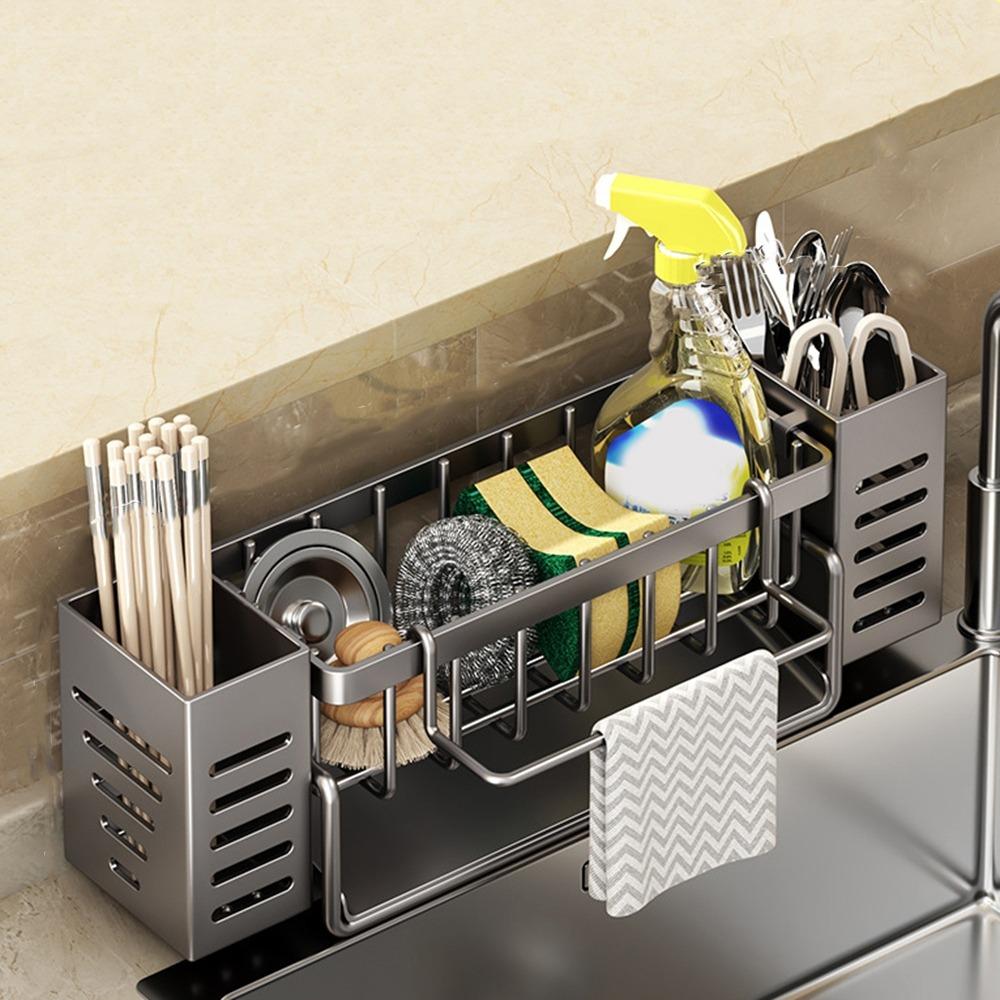 

Self-draining Kitchen Sink Drain Rack Large Capacity Soap Sponge Holder Sink Shelf Bathroom серый