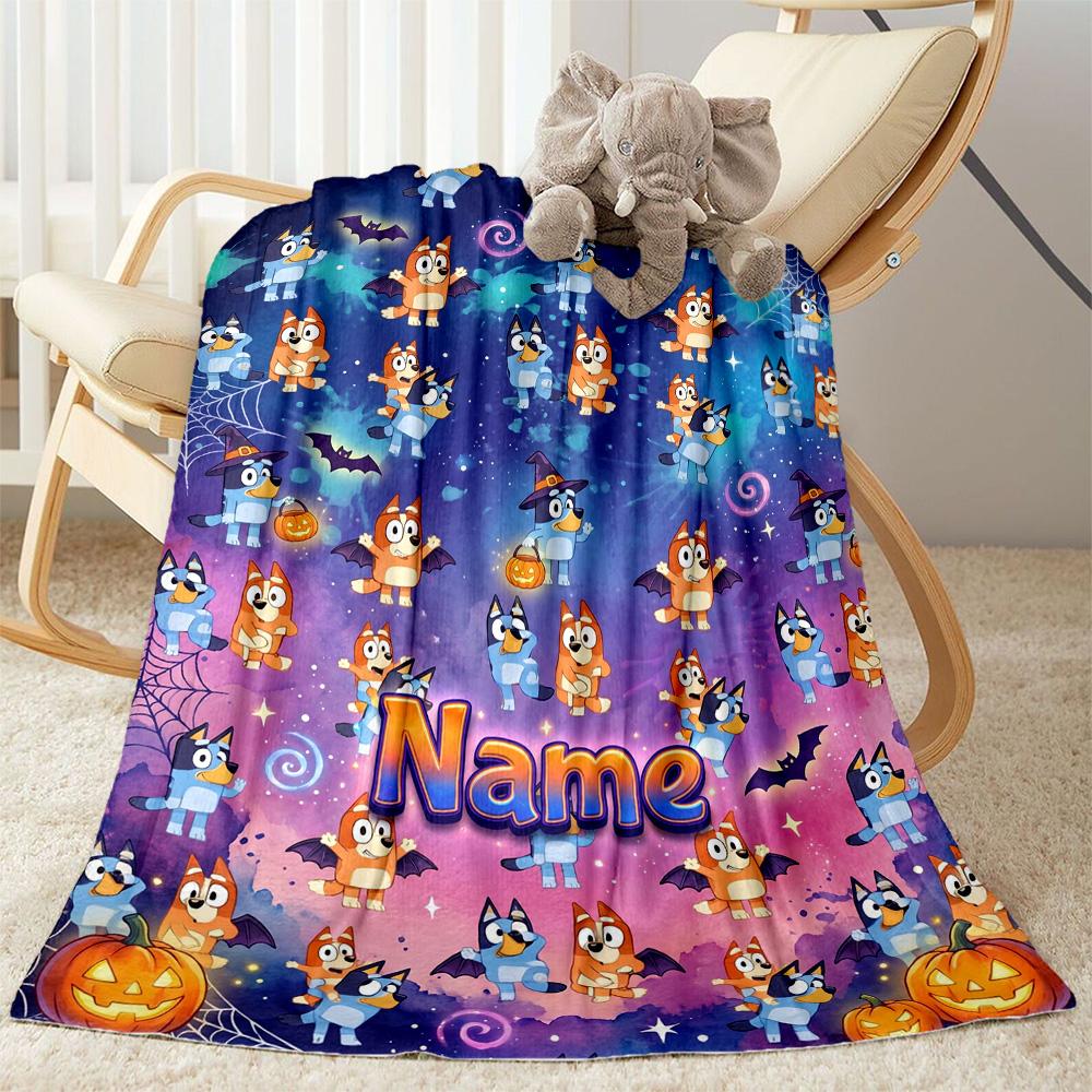 Bluey Halloween Night Personalized Name Blanket Lightweight Customizable Blanket Soft Warm Cozy Suitable for Livingroom Couch Chair Sofa