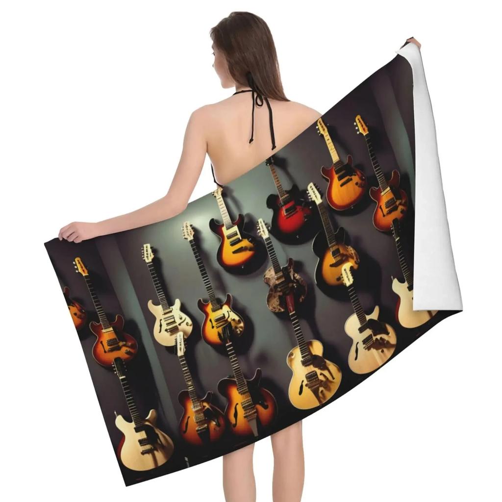 Vintage Guitar Pattern Print Beach Towel Sand Free Quick Dry Absorbent Music Theme Bath Towel For Pool Swimming Bathroom Beach