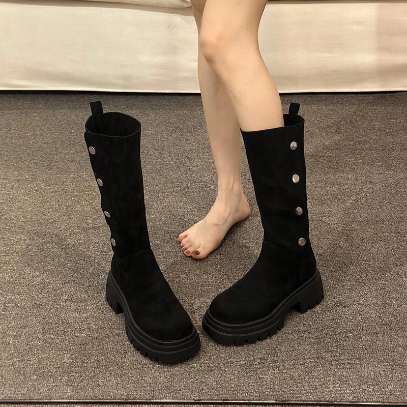 Winter Women Western Knee High Boots Fashion Slip On Shoes Thick Heel Laides Concise Long Botas De Mujer