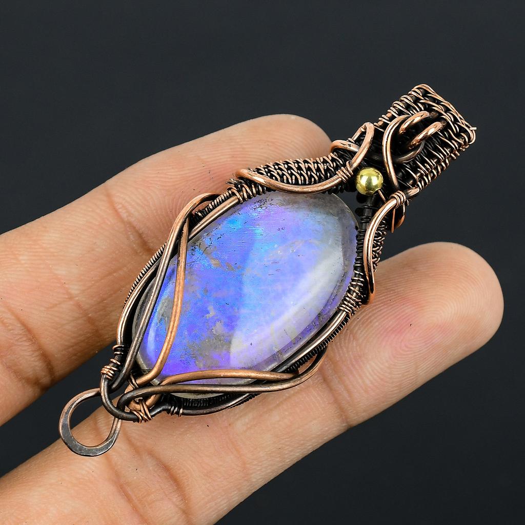 Rainbow Moonstone Handmade Copper Wire Wrap Pendant Jewelry 2.15" L4m25