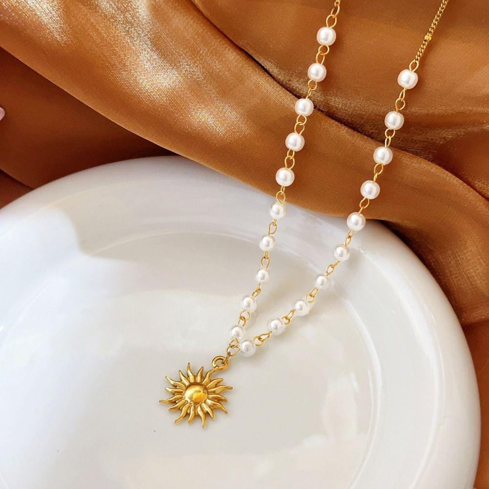 Gold Sun Pendant Necklace Waterproof Fashion Neck Chain New Pearl Beads Necklace For Women