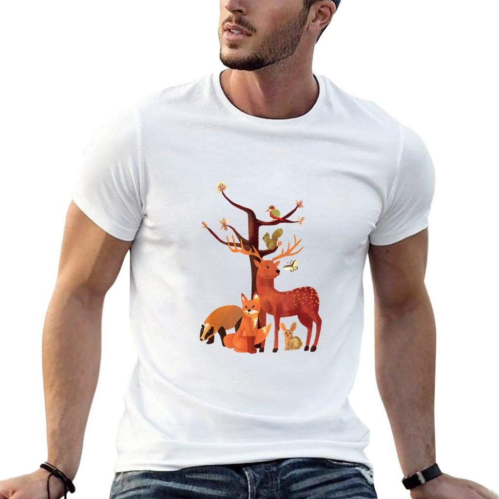 Woodland Animals Deer Fox Rabbit Squirrel Watercolor Vintage TShirt Oversized T Shirt Mens Clothing