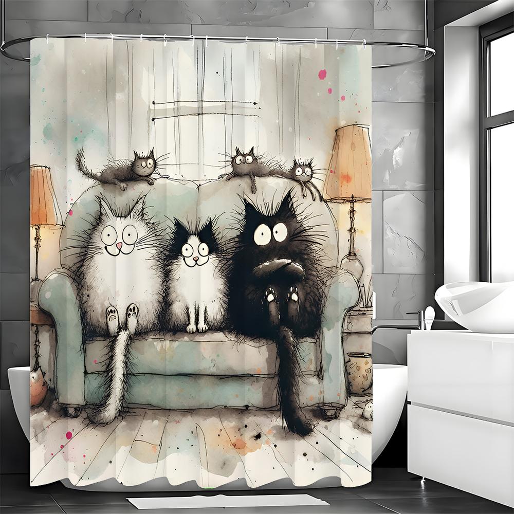 Cartoon Cute Kitten Shower Curtain, Bathroom Decorative Shower Curtain, Waterproof Shower Curtain with Hooks