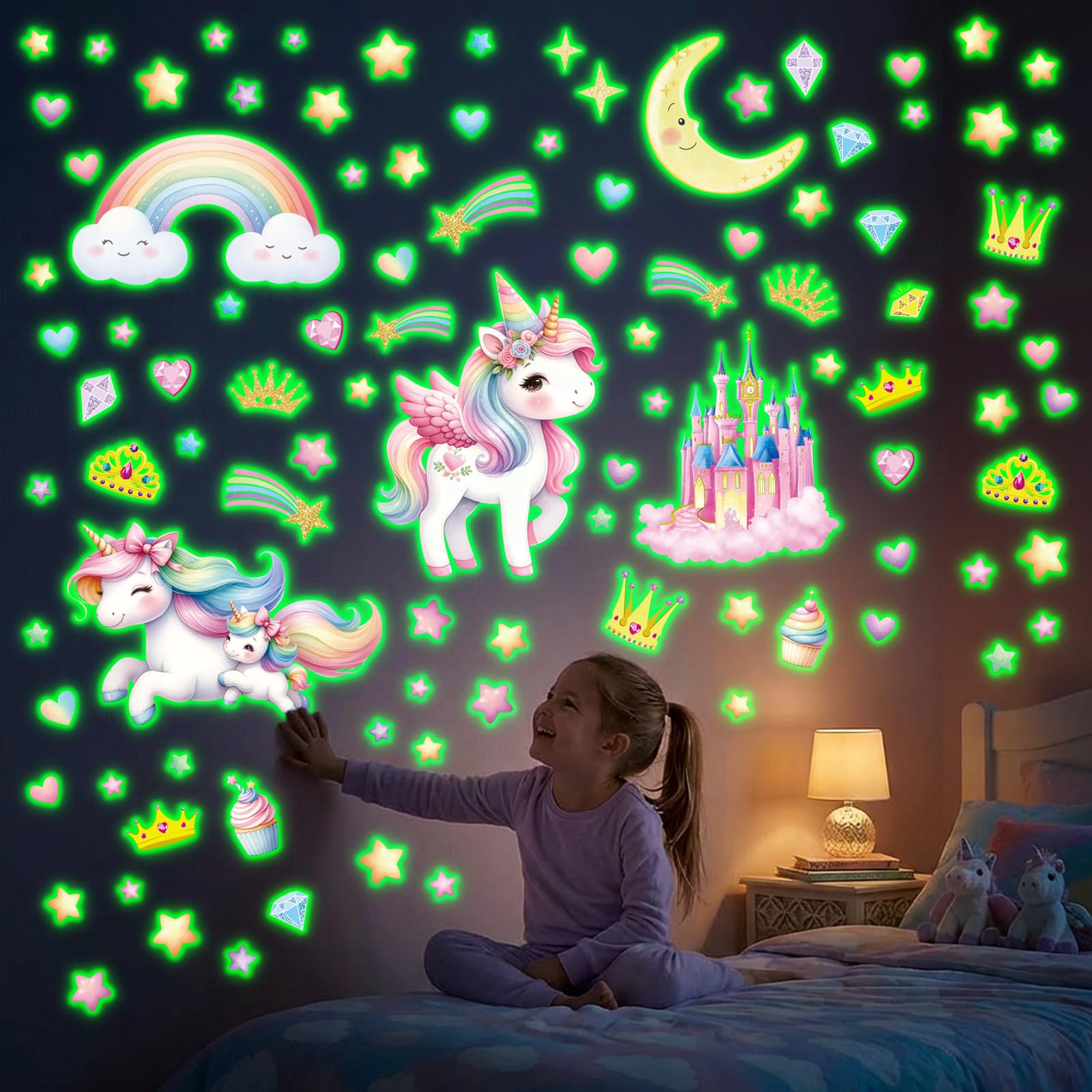

DECOWALL Unicorn Wall Sticker Castle Kids Ceiling Wall Interior DIY Glow-in-the-Dark - Luminous, Night-Glow, Unicorn, Star, Moon, Rainbow, - Room,