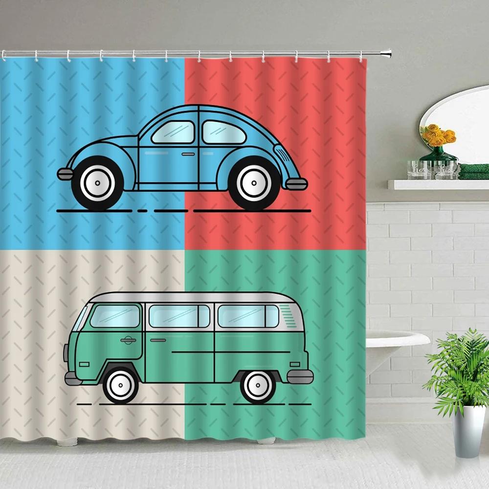 Retro Bus Surfboard Shower Curtains Summer Coconut Tree Scenery Home Bathroom Decoration Waterproof Fabric Bathtub Screen