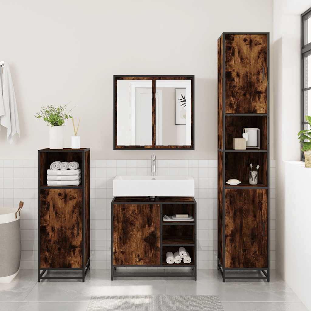 Bathroom Vanity Unit In Smoked Oak Finish 65 X 33 X 60 Cm Engineered Wood