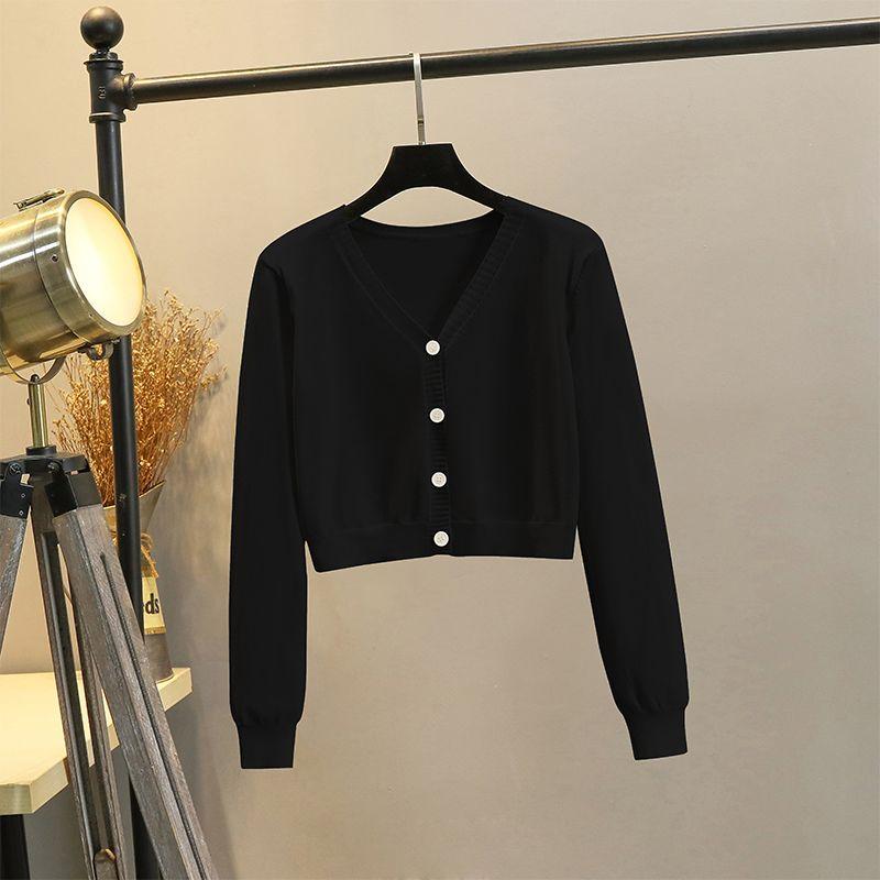 

Свитера с V-образным вырезом, кардиган, весенне-осенние, короткие, с высокой талией Black M