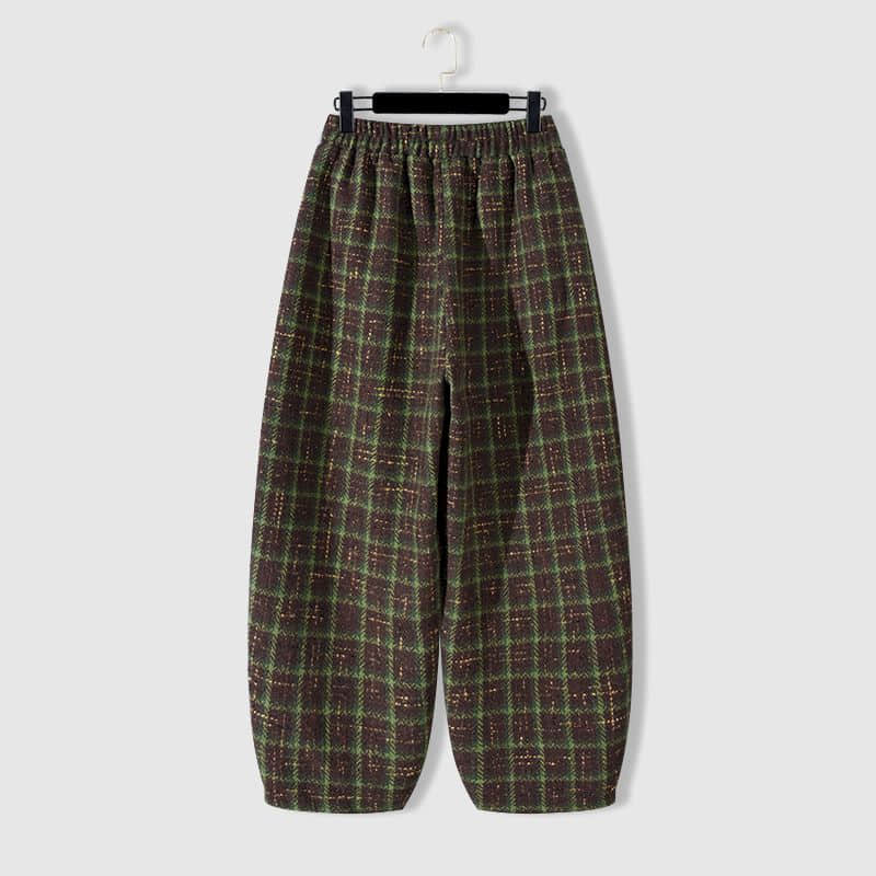 Women Lantern Pants Woolen Plaid Design Casual Loose Elastic Waisted Trousers Women Clothing Harem Pants