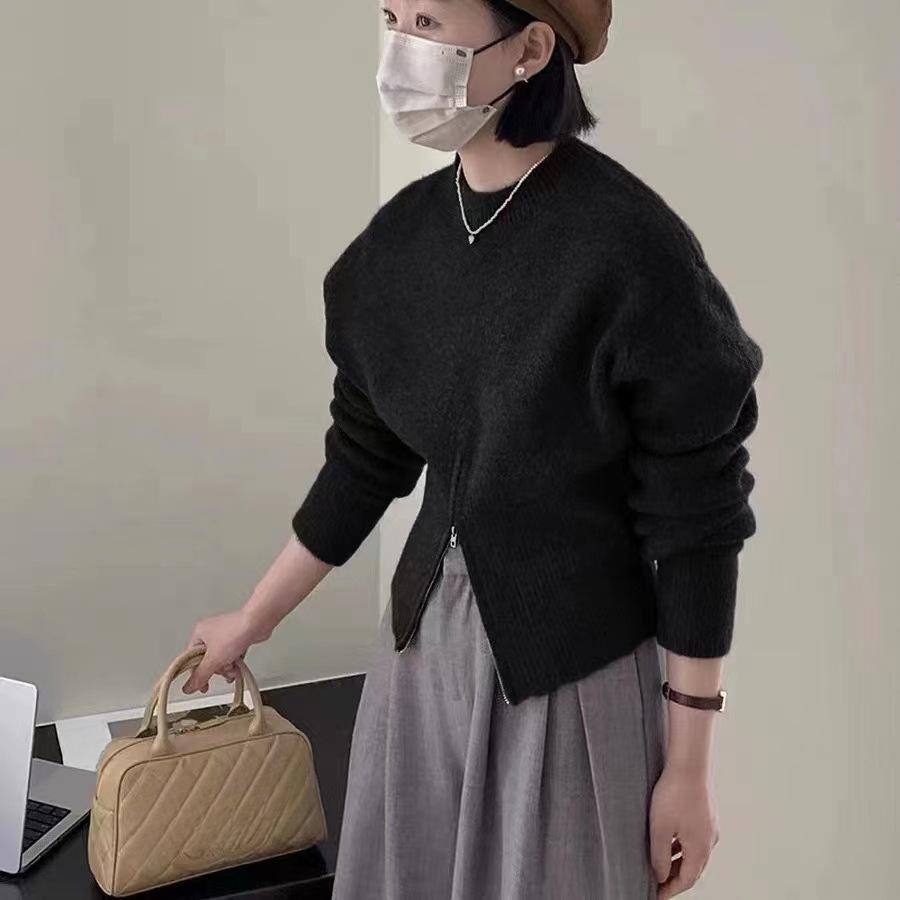 Autumn and Winter Short Zip Pullover Sweater Women's Waisted Round Neck Pullover