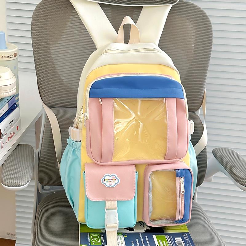 Color Block Student Schoolbag Multi-functional Large Capacity Backpack Lightweight Travel Backpack