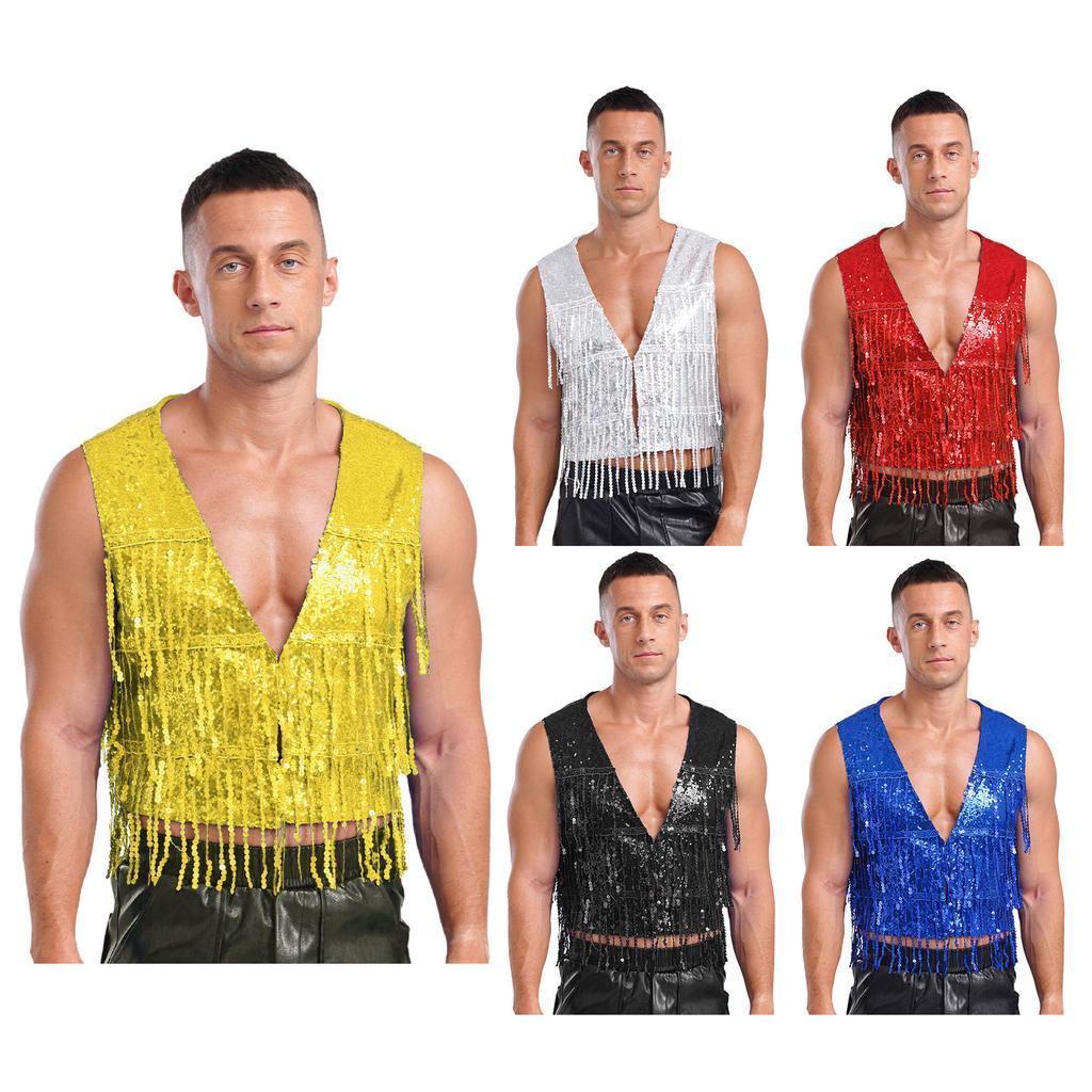 Mens Glitter Sequin Vest Sleeveless Tassel Waistcoat V Neck Open Front Dance Club Festival Partywear