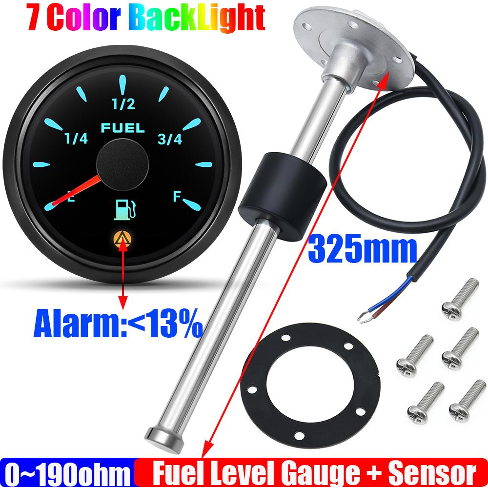 Auto Car 2"52mm Fuel Level Gauge with Warning 0-190ohm Fuel Level Sensor 100-600mm Oil Meter Indicator 7 Color for Marine Boat