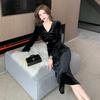 Primavera Otoño Cuello en V Elegante Moda Terciopelo Vestido Negro Mujer Manga Larga Temperamento Cintura Bata Vestidos